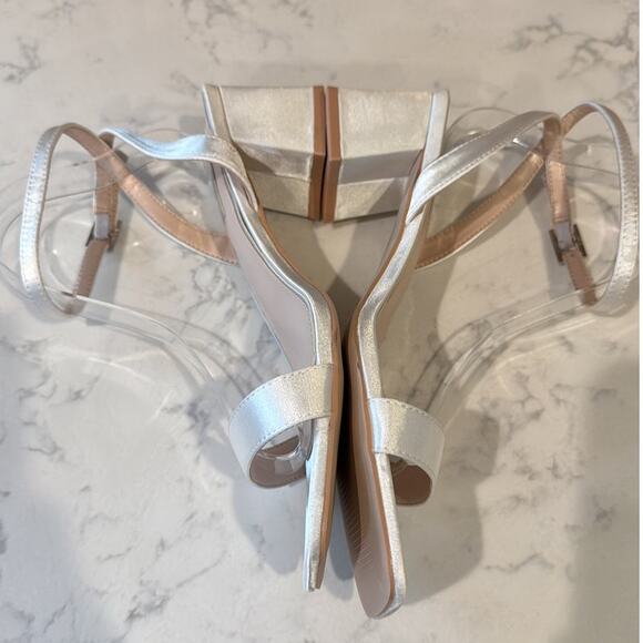 ASOS Be Mine Wide Fit Bridal Ruhi low block heeled sandals ivory satin size 10W - Picture 6 of 10